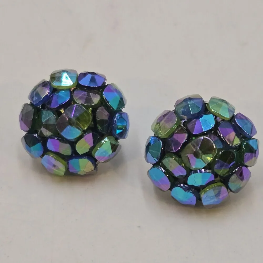 Vintage Vogue Aurora Borealis Oil Slick Iridescent Clip On Clusters Earrings